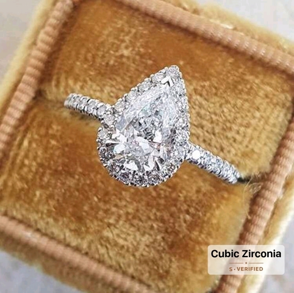 Silver Pear Cut Cubic Zirconia White Teardrop Ring Sz 7